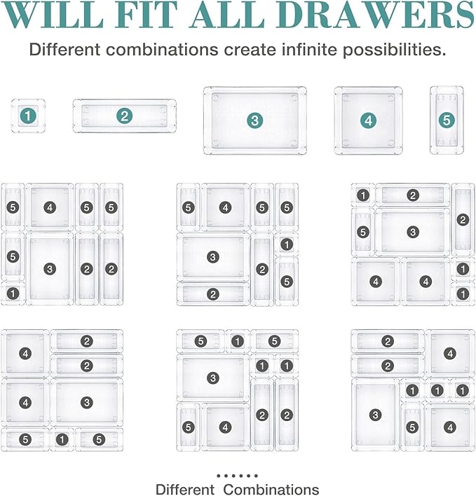 10 PCS Drawer Organizer Set,4 Varied Size Bathroom and kitchen Drawer cabinet organizer Trays, Clear Storage Bins for Makeup, Jewelry, Utensils and Gadgets