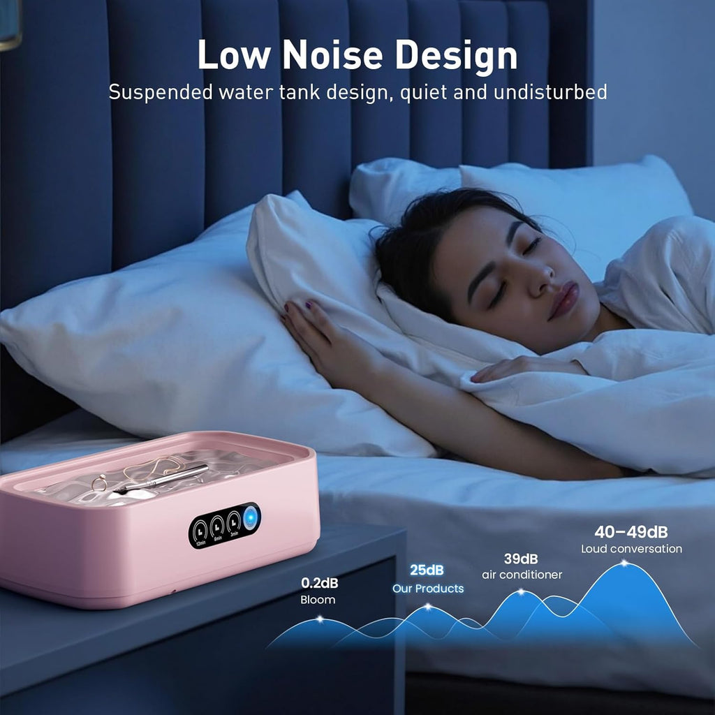 WINTERCRUSH Ultrasonic Retainer Cleaner for Tooth: 50KHz Jewelry Cleaner Deep Cleaning Machine - 650ML Dental Cleaning Pod for Dentures/Mouth Guards/Eyeglasses-3 Timers -Stainless Steel- Pink