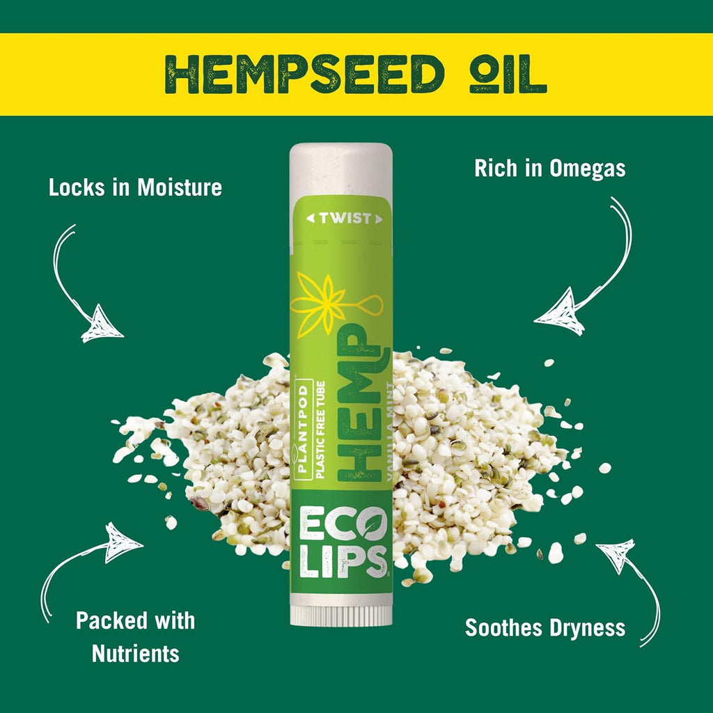 Eco Lips Organic Hemp Lip Balm with Beeswax, Coconut Oil, Vitamin E. Best Lip Balm to Soothe & Moisturize Dry, Chapped Lips (Vanilla Mint, 6-Pack)