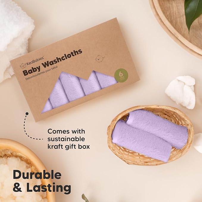 6-Pack Baby Washcloths - Soft Absorbent Viscose from Bamboo Wash Cloths for Babies, Kids, Toddlers, Infant, Newborn Bath Towels, Gentle on Sensitive Skin, 10x10 Reusable Face Towels (Soft Lilac)