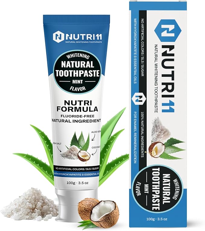 Nutri 11 Natural Whitening Toothpaste | Fluoride-Free & SLS-Free | Enamel Remineralization with Hydroxyapatite & Baking Soda | Sensitive Teeth Safe | Fresh Mint Flavor | 100g