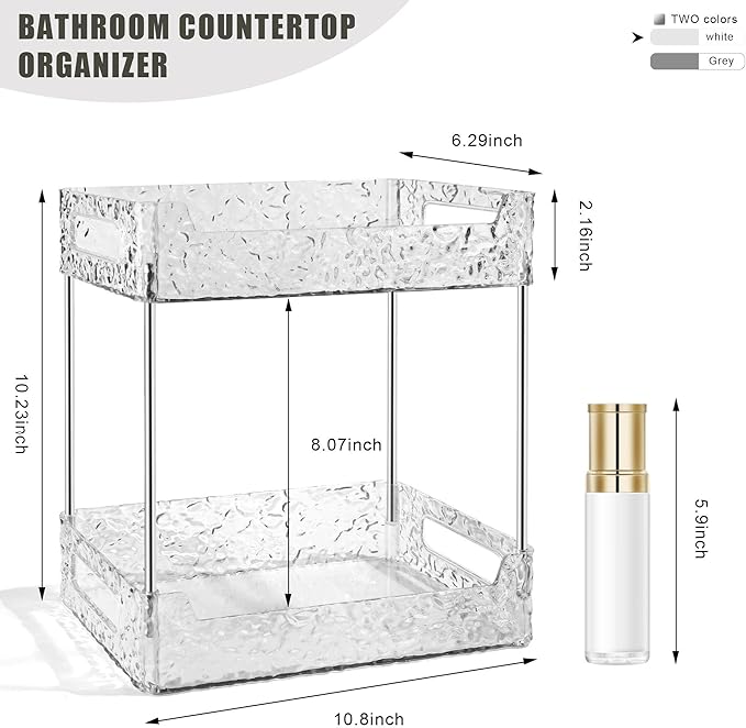 2-Tier Bathroom Counter Organizer Countertop Storage, Dresser Organizer Vanity Tray for Makeup, Perfume Organizer Cosmetics Skincare Shelf - Clear