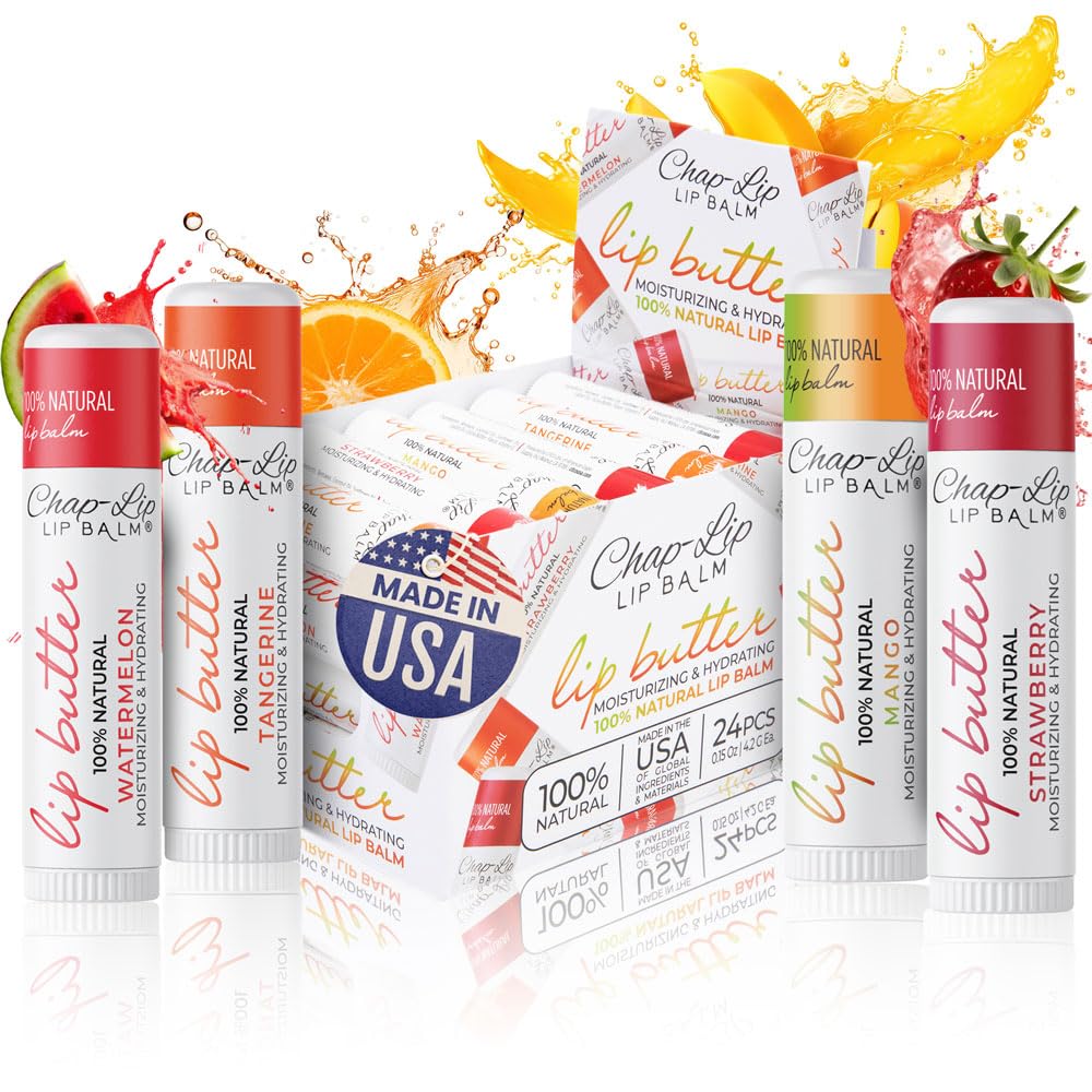 CHAP-LIP 100% All Natural Lip Balm Hydrating Bulk Chap Stick with Fruit Flavors, Coconut Oil, Cocoa Butter - Christmas Gift Stocking Stuffers Lip Therapy Pack for Men and Women - Made in USA, 24 Pack