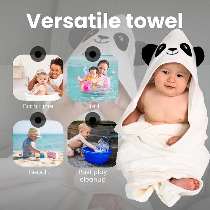 Premium Hooded Towel - 500GSM Viscose derived from Bamboo Cotton Baby Towels - Ultra Soft & Absorbent, Extra Large 35” x 35”, Hypoallergenic, Machine Washable Toddler Towel - Panda