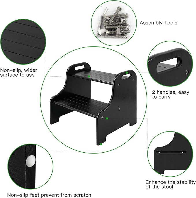 VaeFae Bamboo 2 Step Stool with Non-Slip Step Treads and 2 Cutout Handles (Black)