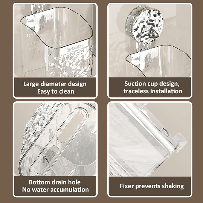 2 Pack Suction Cup Shower Caddy, Wall Mounted Suction Electric Toothbrush Holder for Bathroom, Clear Shower Rack with 2 Movable Hooks, Toothpaste and Razors Shower Organizer