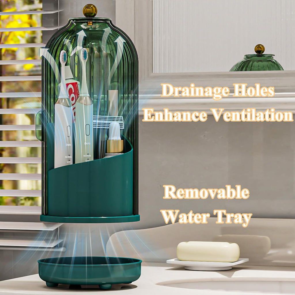 Toothbrush Holders with Cover, Drainage Rotating Electric Toothbrush Organizer, 3 Slots Tooth Brush Holder for Bathroom Counter, Green