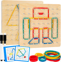 2Pack Wooden Geoboard,Montessori Toy,Graphical Mathematical Education Toy for Kids with Pattern Cards and Rubber Bands to Figures and Shapes, Brain Teaser STEM Toy Geo Board.