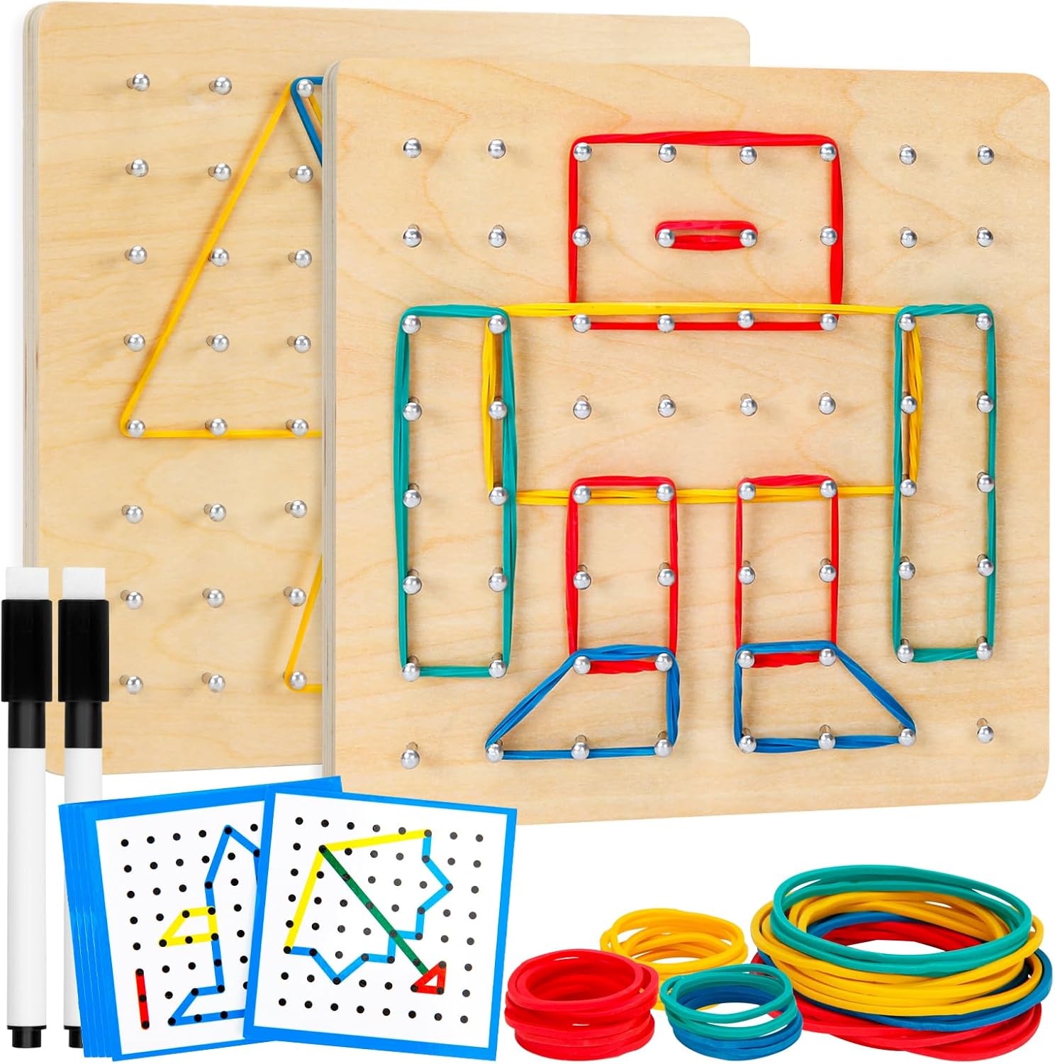 2Pack Wooden Geoboard,Montessori Toy,Graphical Mathematical Education Toy for Kids with Pattern Cards and Rubber Bands to Figures and Shapes, Brain Teaser STEM Toy Geo Board.