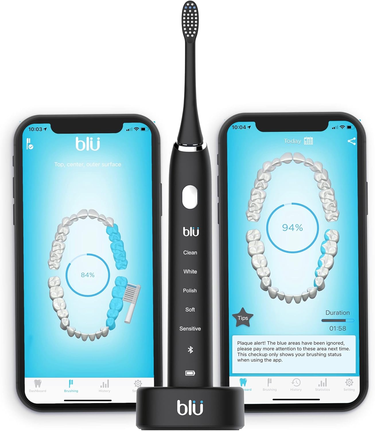 Blu Smart Electric Toothbrush, Sonic Power Toothbrush with Interactive Live Tracking App for Adults (Black)