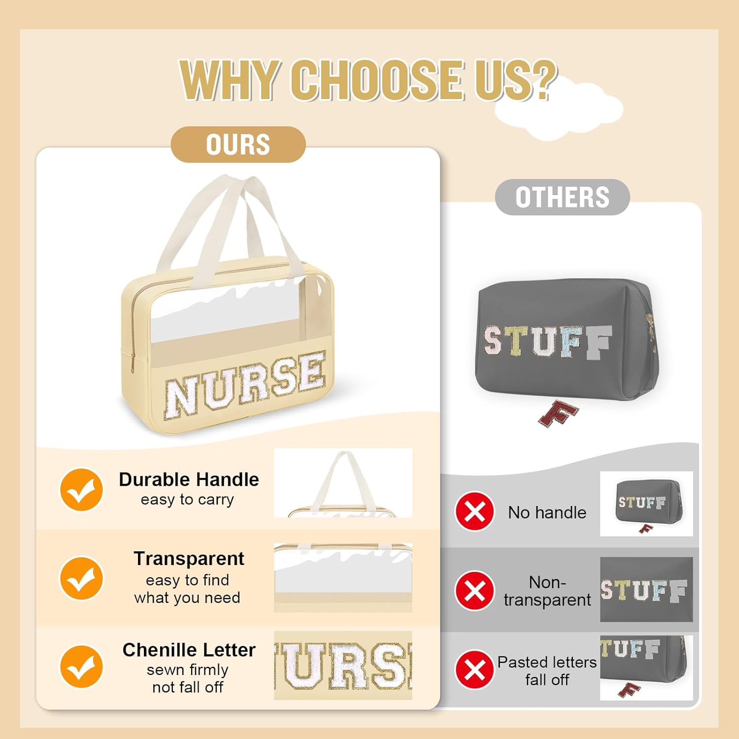 Nurses Week Gifts Chenille Letter Clear NURSE Makeup Bag for Women,Preppy Nurse Cosmetic Pouch Zipper with Handle Nurse Essentials Bag for Work Supplies,Labor and Delivery Nurse Gifts(NURSE-Beige)