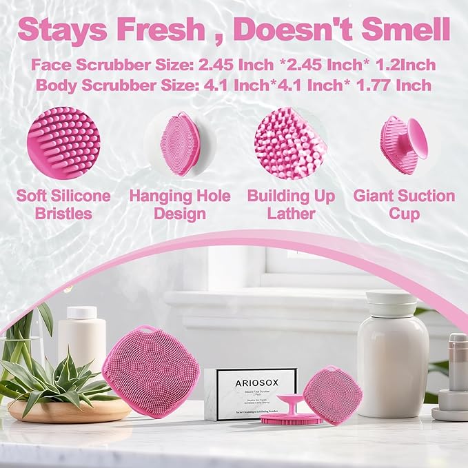 2 Pack Face Scrubbers, Silicone Body Scrubber Soft Bristles, Gentle Lather, Exfoliating & Deep Cleaning for Sensitive Skin, Giant Suction Cup Stick Securely (Body+ Face Scrubber Pink)