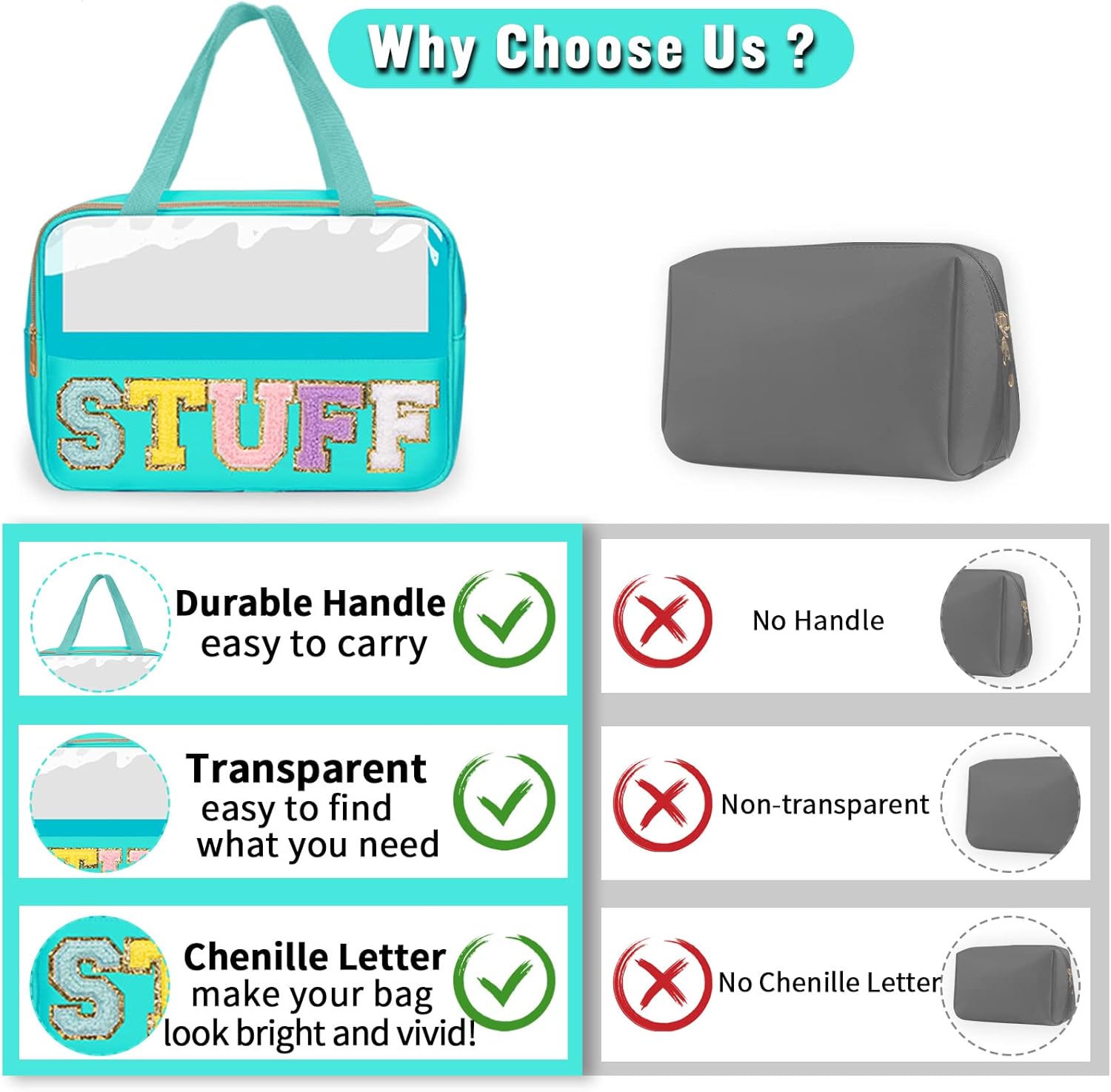 Preppy Clear Stuff Makeup Bags with Chenille Letter Patches, Travel Essentials Large Clear Make up Bag Zipper Pouch with Handle, Waterproof Nylon Cosmetic Toiletry Storage Tote for Women (STUFF-Green)