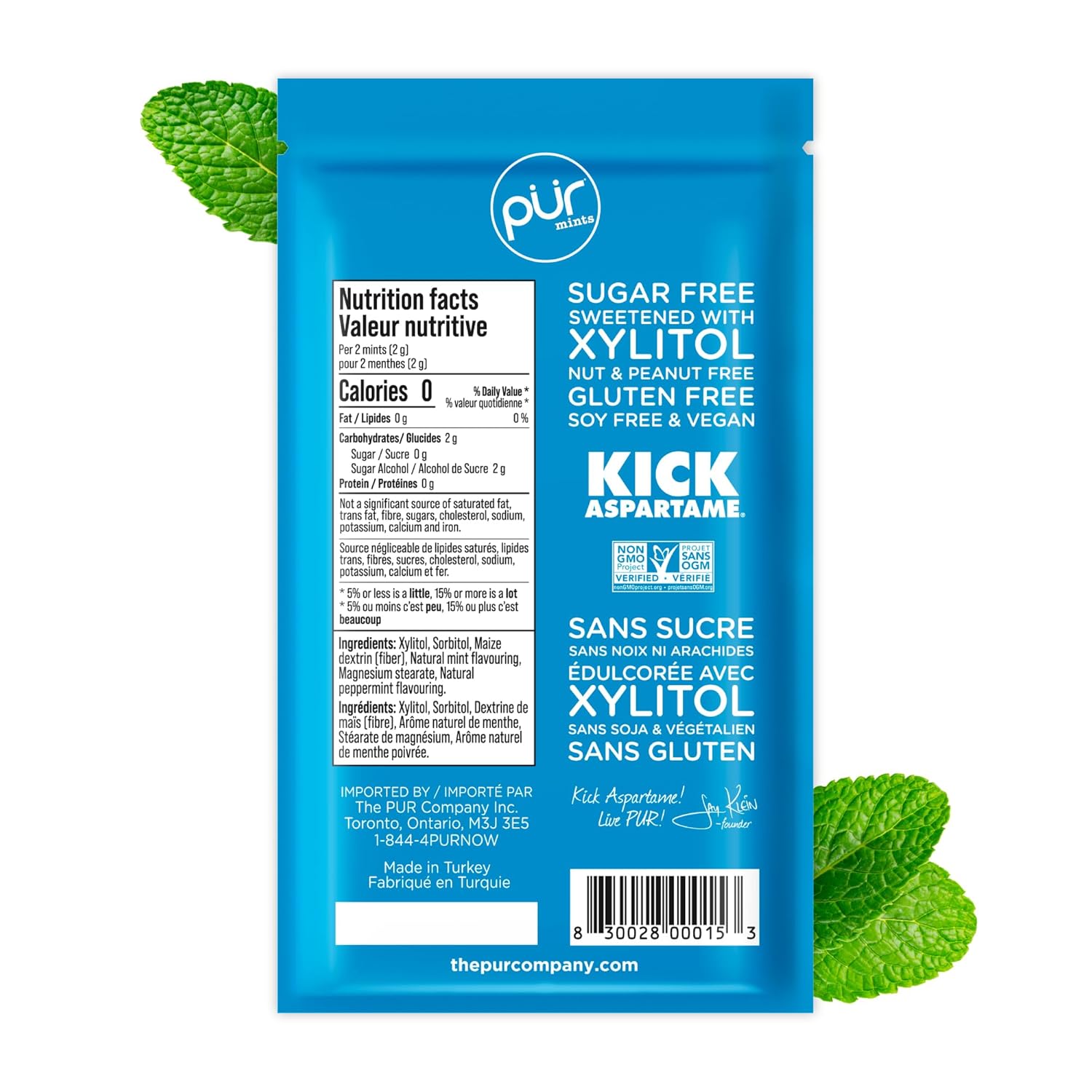 PUR Mints | Aspartame Free Breath Mints | Made with Xylitol | Sugar Free, Vegan, Gluten Free | Natural Peppermint Flavor | 65 Pieces in Re-Sealable pouch (Pack of 1)