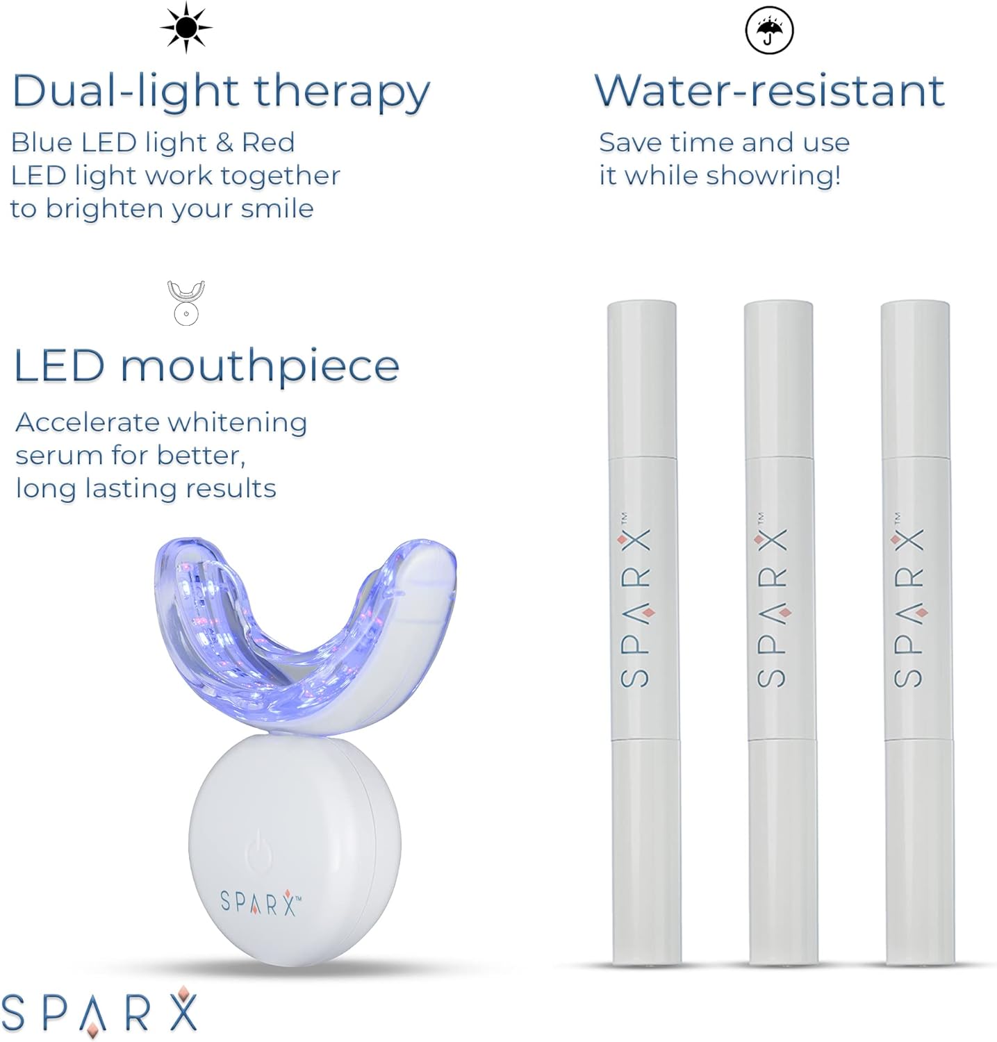SPARX Wireless Teeth Whitening Kit with LED Light for Sensitive Teeth Remove Stains Like Coffee, Smoking, Wine. Whiten Smile for Long Lasting Results, Includes 3 Gel Syringes, 1 Dual LED Mouthpiece