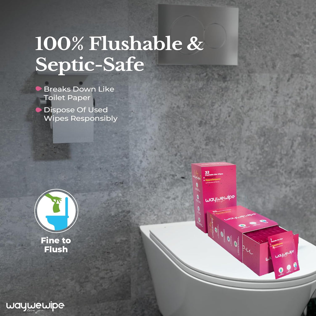 On-The-Go Flushable Feminine Wet Wipes, 32 Count XL Individually Wrapped Female Wipes, Hypoallergenic 100% Plant Based Septic Safe, Travel Size Adult Cleansing Cloth for Women, Rosewater