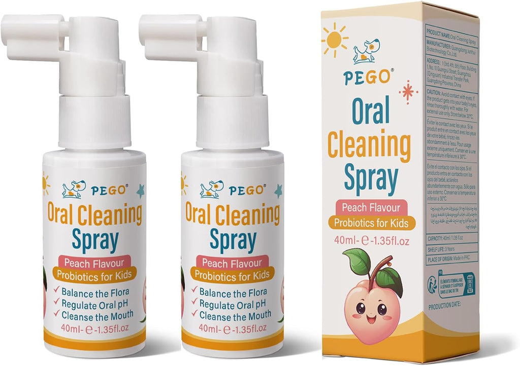 PEGO Kids Oral Spray, Toddler Toothpaste Helper for Cavity Prevention and Fresh Breath, Children Anticavity with Fluoride Free for Newborn to Preschoolers, Kid's Mouth Spray (40ml*2, Peach)