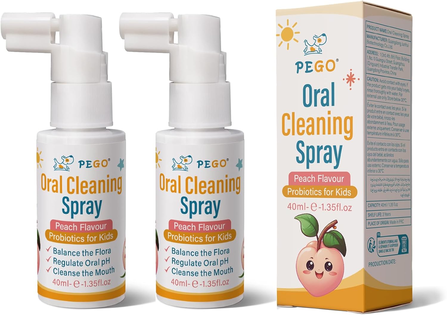 PEGO Kids Oral Spray, Toddler Toothpaste Helper for Cavity Prevention and Fresh Breath, Children Anticavity with Fluoride Free for Newborn to Preschoolers, Kid's Mouth Spray (40ml*2, Peach)