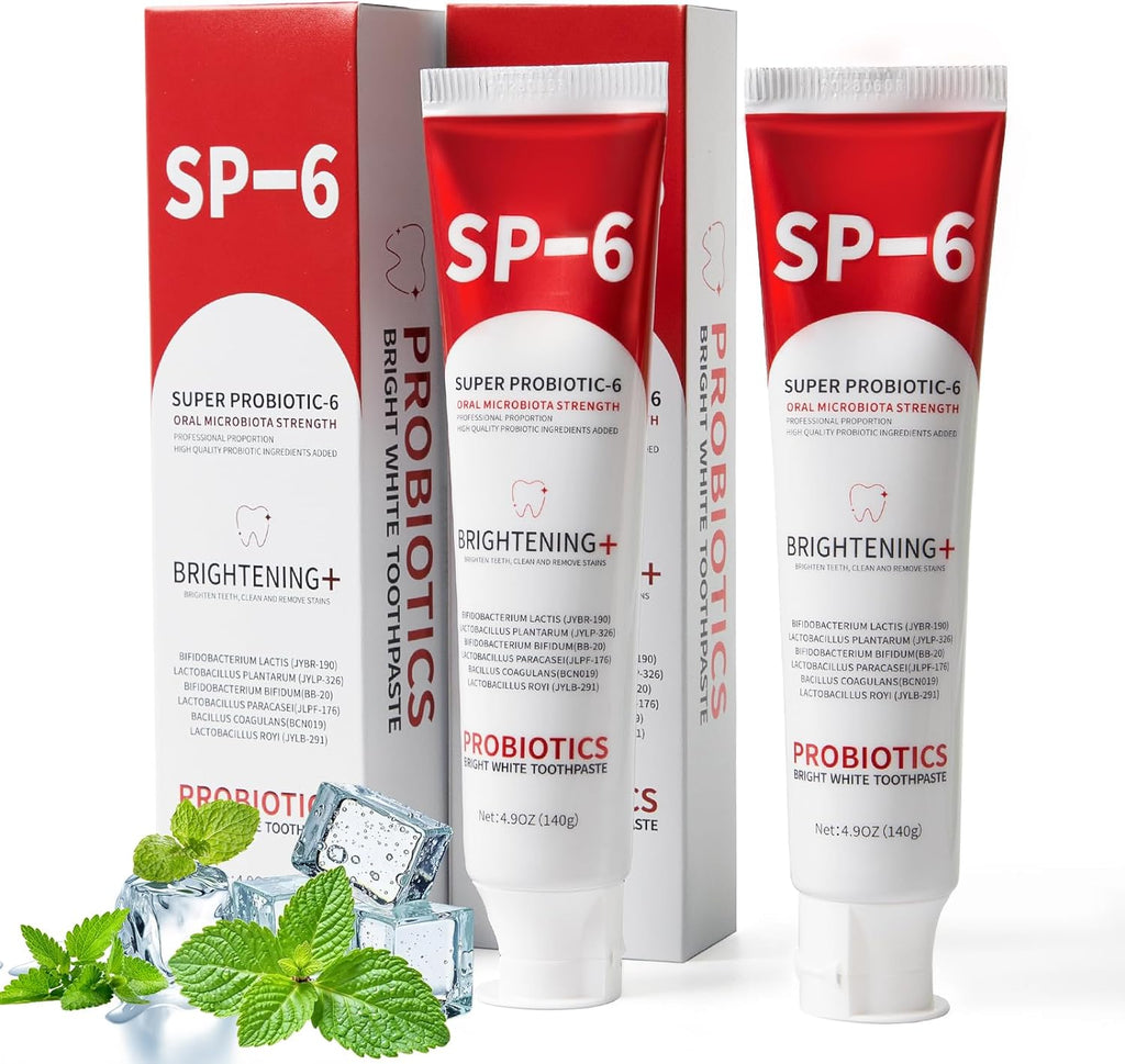 SP-6 Probiotic Whitening Toothpaste, SP-6 Probiotic Toothpaste, Enhanced Formula with 6 Probiotics for Teeth Whitening/Brightening, Enamel-Safe, Fluoride-Free, Fresh Mint Flavor, 4.9oz, 2Pack