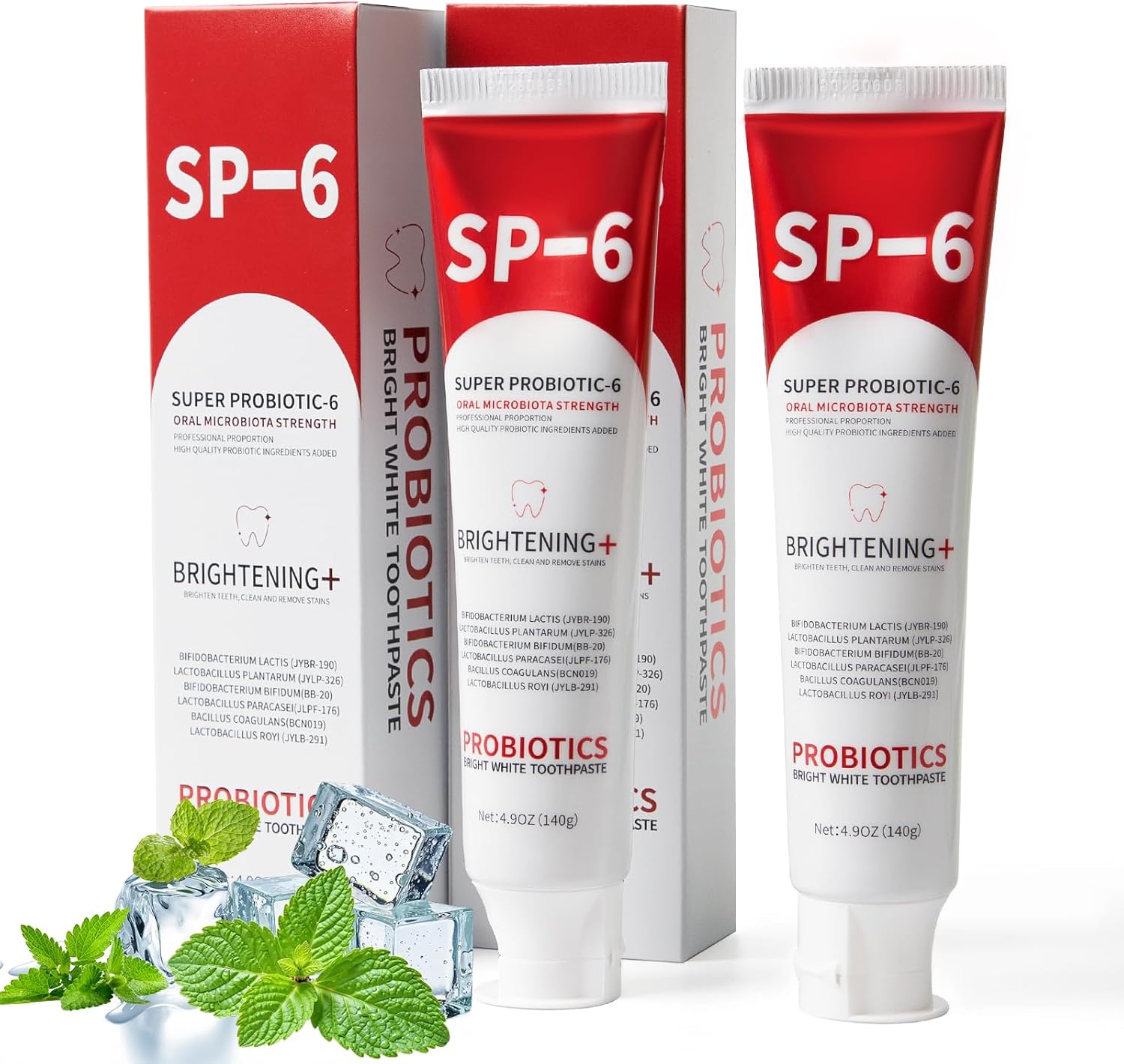 SP-6 Probiotic Whitening Toothpaste, SP-6 Probiotic Toothpaste, Enhanced Formula with 6 Probiotics for Teeth Whitening/Brightening, Enamel-Safe, Fluoride-Free, Fresh Mint Flavor, 4.9oz, 2Pack