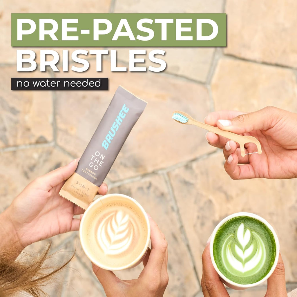 Brushee - 3 Pack Bamboo Toothbrushes Kit - 3-in-1 Travel Toothbrush with Flosser - Soft Eco-Friendly Disposable Toothbrushes with Toothpaste Fresh Mint Flavored - Individually Wrapped for Travel