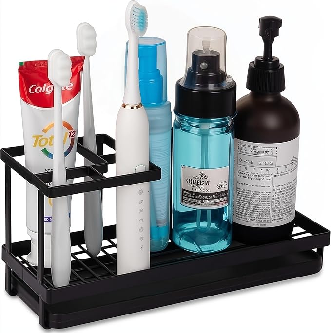 Matani Black Toothbrush Holder for Bathroom Sink, Countertop Organizer with High Toothpaste Holder, Rustproof 304 Stainless Steel, Bathroom Countertop Storage & Essentials (Black Model 2)