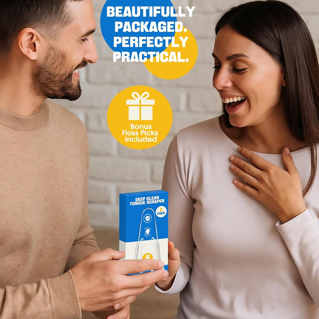 Stainless Tongue Scraper Set for Adults： Easy To Use For Oral Care and Hygiene – Pack Of 2 Stainless Steel Tongue Cleaners, 2 Travel Cases, 4 Floss Picks – Cleaning for Tongue Care & Fresh Breath