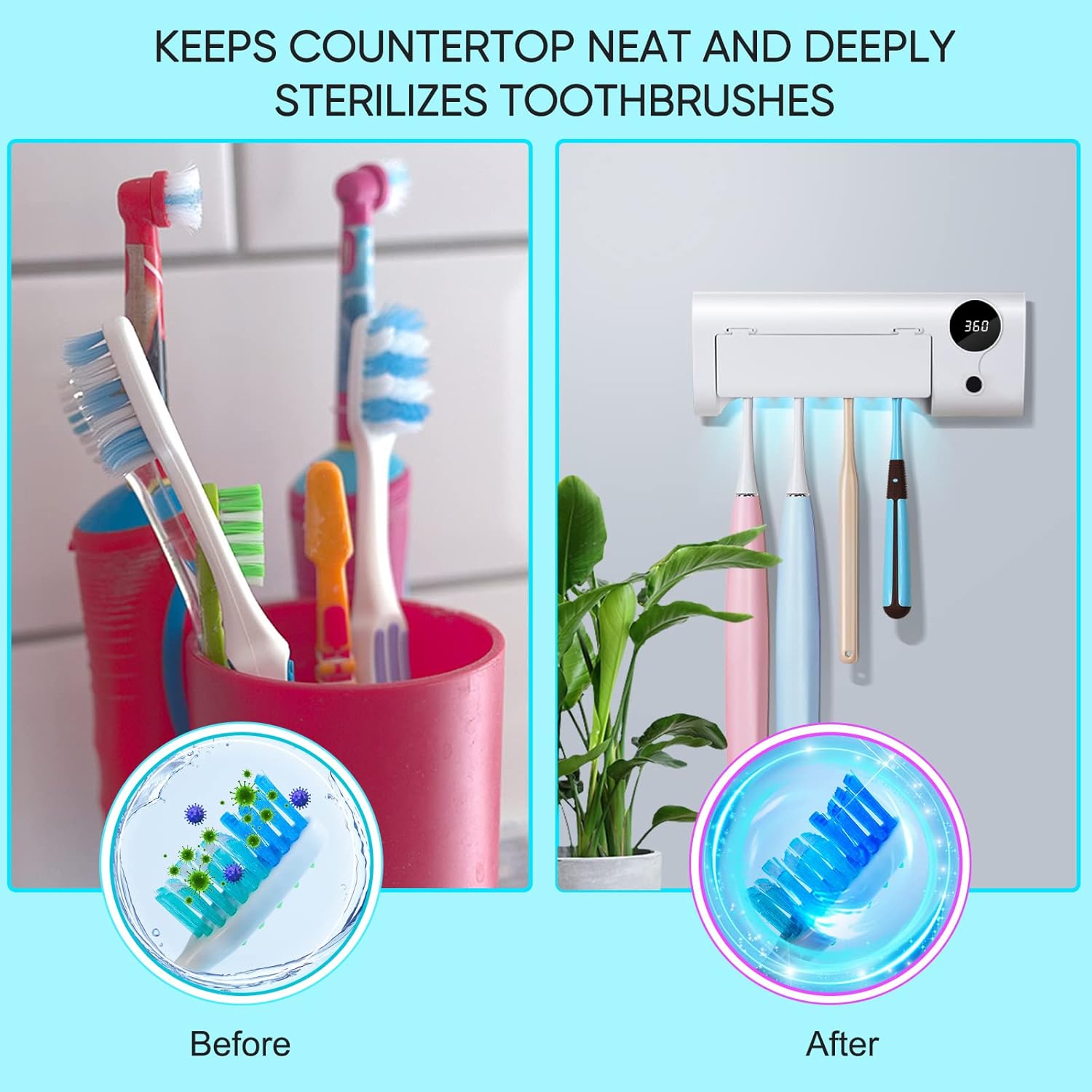 StarWin UV Toothbrush Cleaner, Timer Function, Rechargeable Tooth Brush Holder Wall-Mounted for Bathroom, No Drilling, 4 Slots