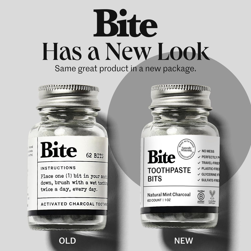 Bite Whitening Toothpaste Tablets – Nano Hydroxyapatite & Xylitol (Mint Charcoal) | Sensitive Teeth Friendly | No Fluoride, Vegan, Cruelty-Free | Travel-Size | 2 Bottles (124 Bits) | Made in USA