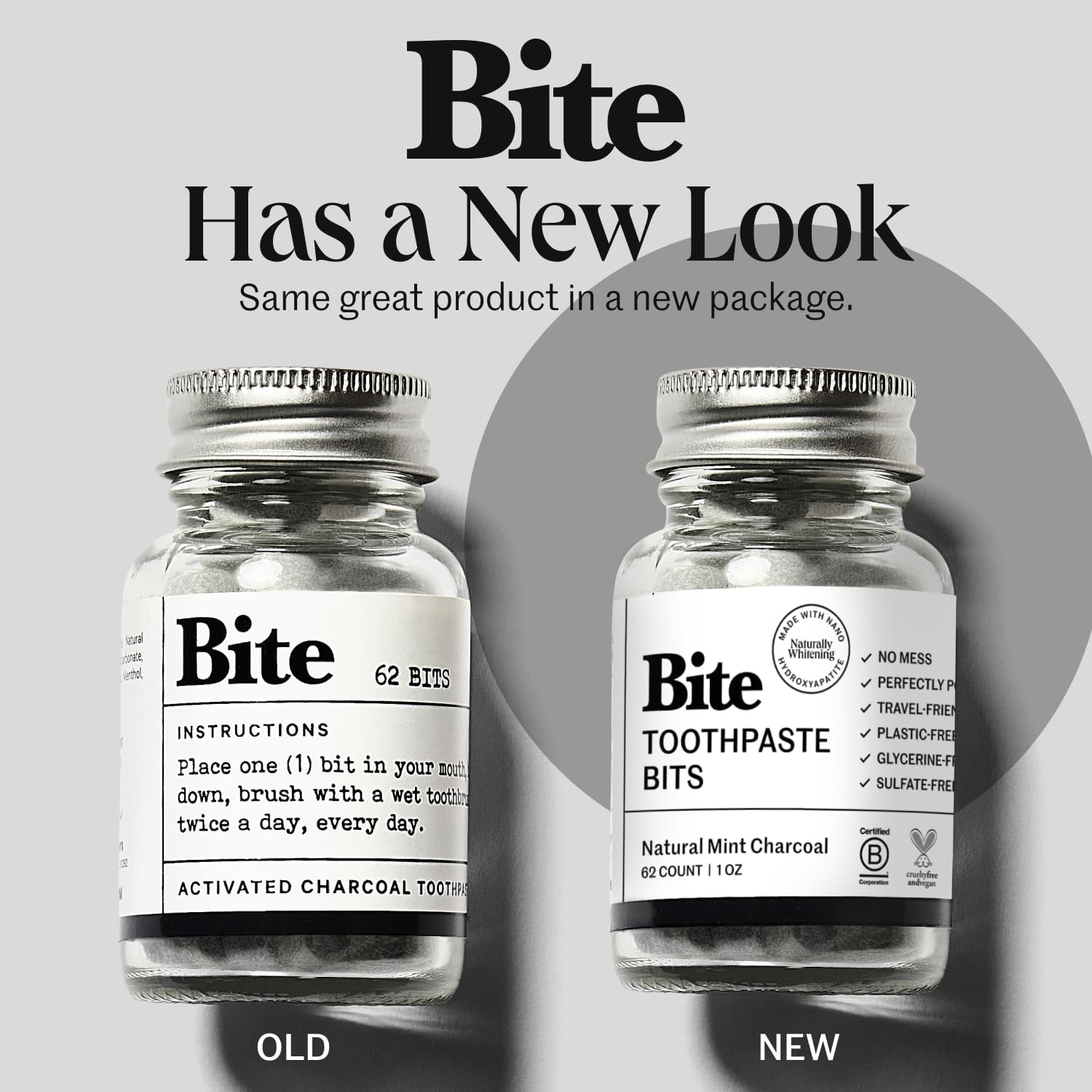 Bite Whitening Toothpaste Tablets – Nano Hydroxyapatite & Xylitol (Mint Charcoal) | Sensitive Teeth Friendly | No Fluoride, Vegan, Cruelty-Free | Travel-Size | 2 Bottles (124 Bits) | Made in USA