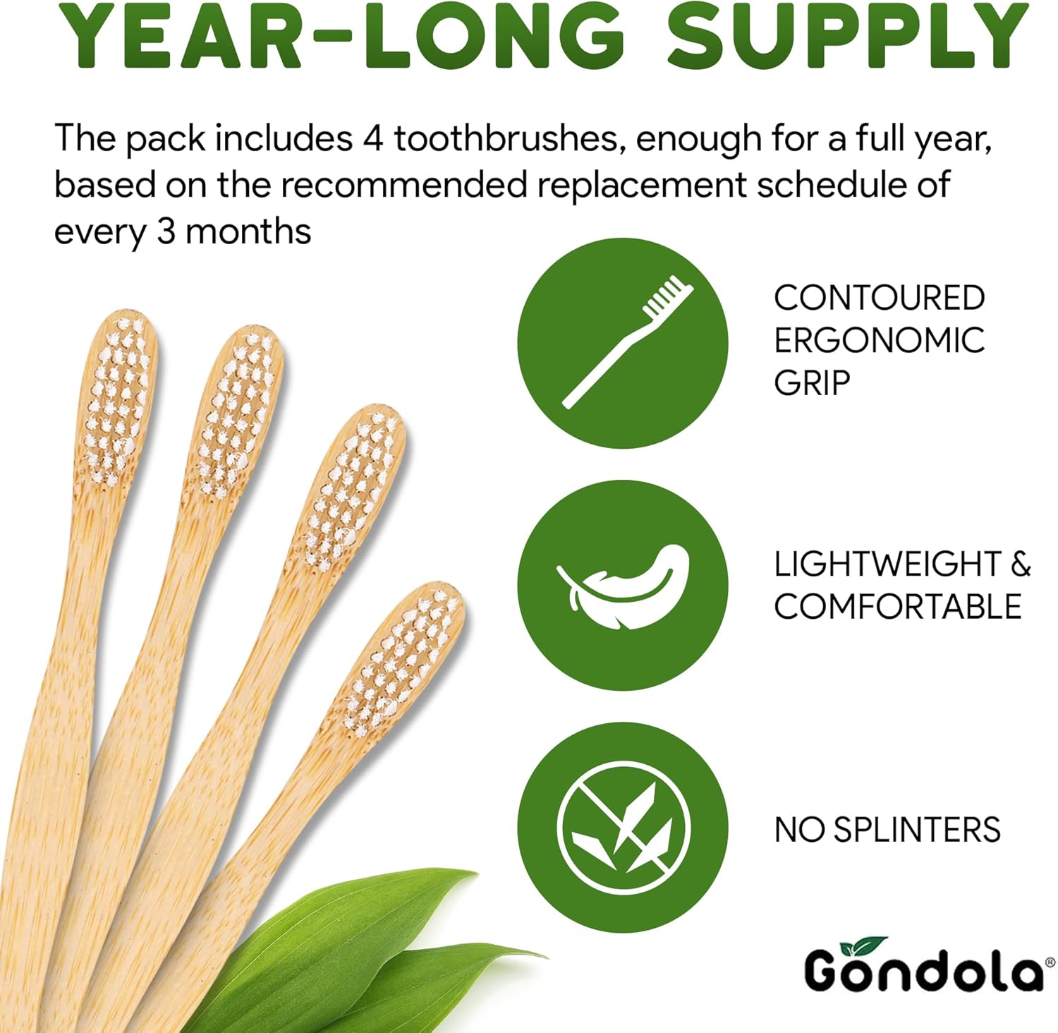 Gondola Organic Bamboo Toothbrushes (Adults - 4 Count (Pack of 1))