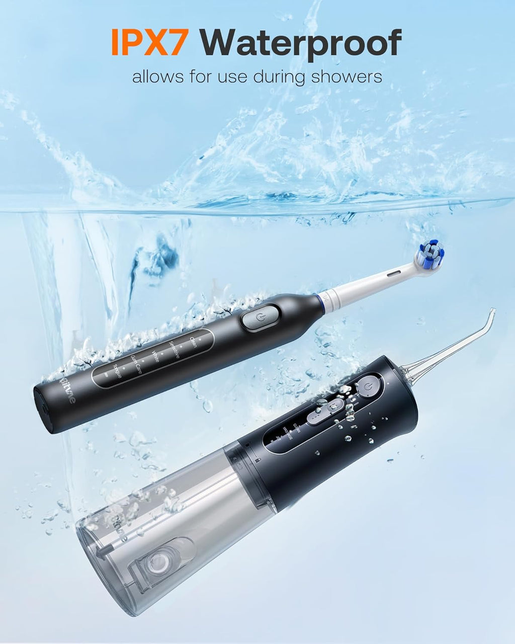 Bitvae Water Dental Flosser Teeth Picks, Cordless Water Flosser for Teeth, Braces, Dental Care and Rechargeable Rotary Electric Toothbrush Combo Set, 4 Tips, 4 Brush Heads, Waterproof, Black, C5+R1