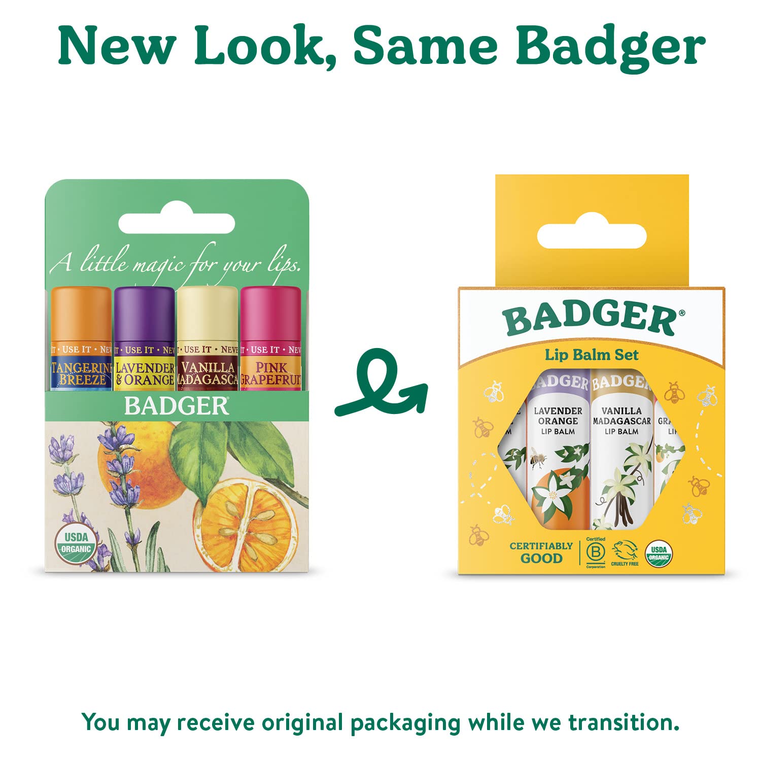 Badger Classic Organic Lip Balm Set - Yellow Box, Light Silky Long Lasting Lip Moisturizer Gift Set, All Natural Lip Balm Variety Pack Lip Set (Tangerine, Lavender Orange, Vanilla, Grapefruit), 4 pack