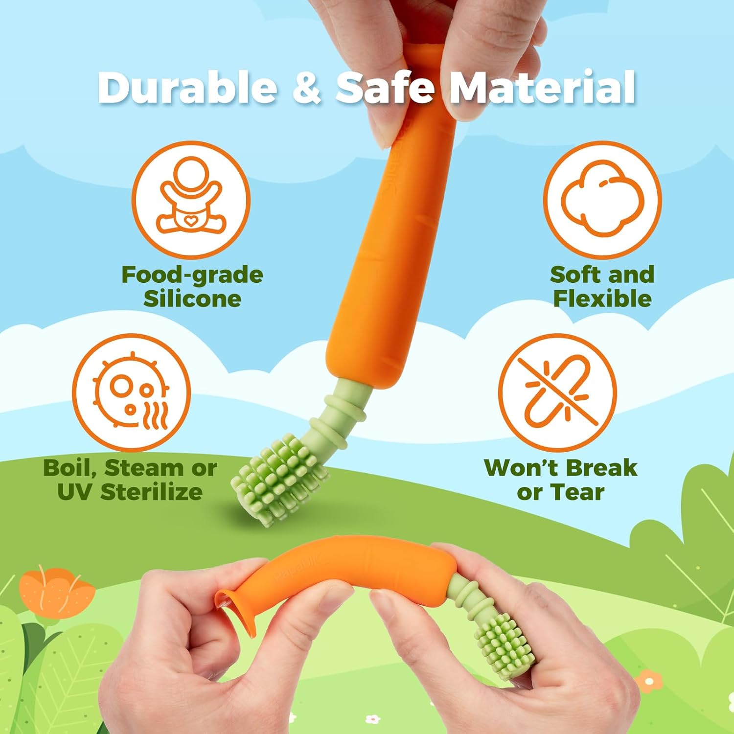 Papablic Baby Toothbrush Teether, Teething Toys 6-12 Months, 360° Carrot Teether Baby Stuffers, Infant Toothbrush with Suction Base