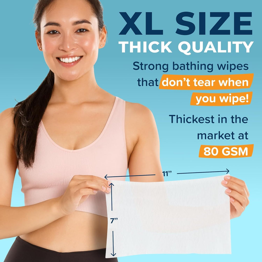 Body Wipes For Adults Bathing No Rinse 150pc XL - Ultra Thick Shower Travel Wipes For Personal Cleansing & Hygiene Essentials, Elderly Care, Incontinence Disposable Washcloths For Women Men
