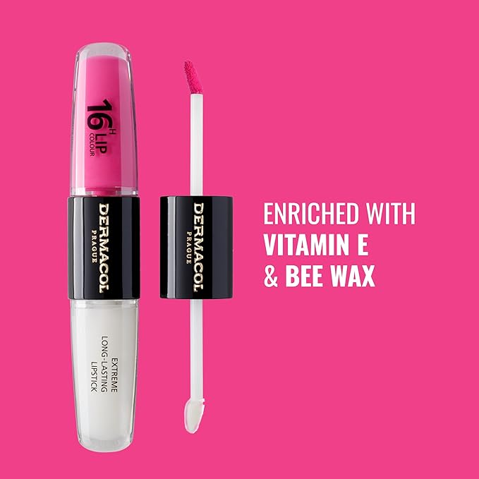 Dermacol NEW 16-Hour Lip Colour, Highly Pigmented Glossy Lip Stain, Two-Phase Lip Plumper Gloss, Kissproof Lip Makeup Products with Matte and Glitter Finish, n. 18