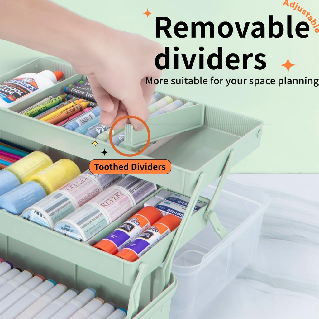 12.5in 3-Layer Multipurpose Craft Organizers and Storage with Adjustable Dividers, Portable Tackle Box, Folding Art & Craft Case for Medicine, Tool, Sewing Organizer (Haze Green)