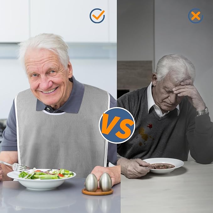 3 Pack Premium Unisex Adult Bibs for Elderly Women Men, Waterproof Bib for Eating, Adjustable and Washable (Grey)