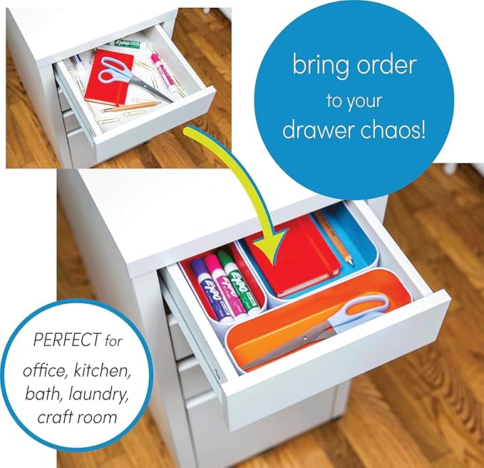 Three by Three Seattle 6 Piece Metal Organizer Tray Set for Storing Makeup, Stationery, Utensils, and More in Office Desk, Kitchen and Bathroom Drawers (2 Inch, Assorted Colors, Stripes)