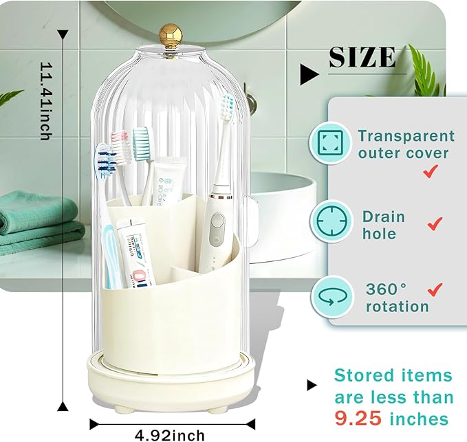 Multifunctional Rotating Toothbrush Holders with Sliding Lid and Draining Tray, 3-Slot Bathroom Countertop Vanity Organizer for Tooth Brush, Toothpaste, and Makeup Brushes Holder Storage (White)