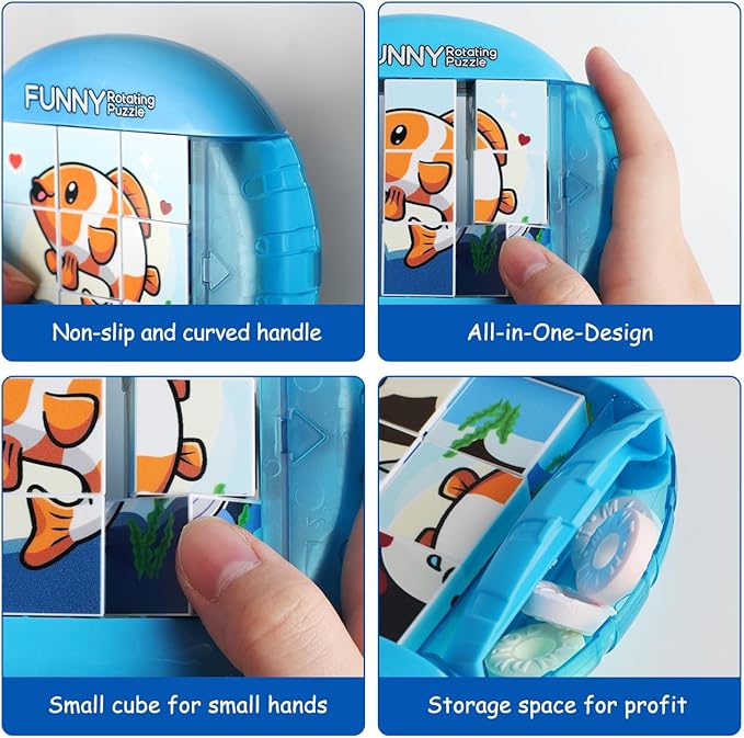 Rotating Puzzle for Kids 3 4 5 6 7 8 Year Old, 4 Puzzles in 1, Toddlers Travel, Car, Airplane, Road Trip Activities, Fine Motor Skills, Fidget, Gift for Boys & Girls Ages 3+(Fishes