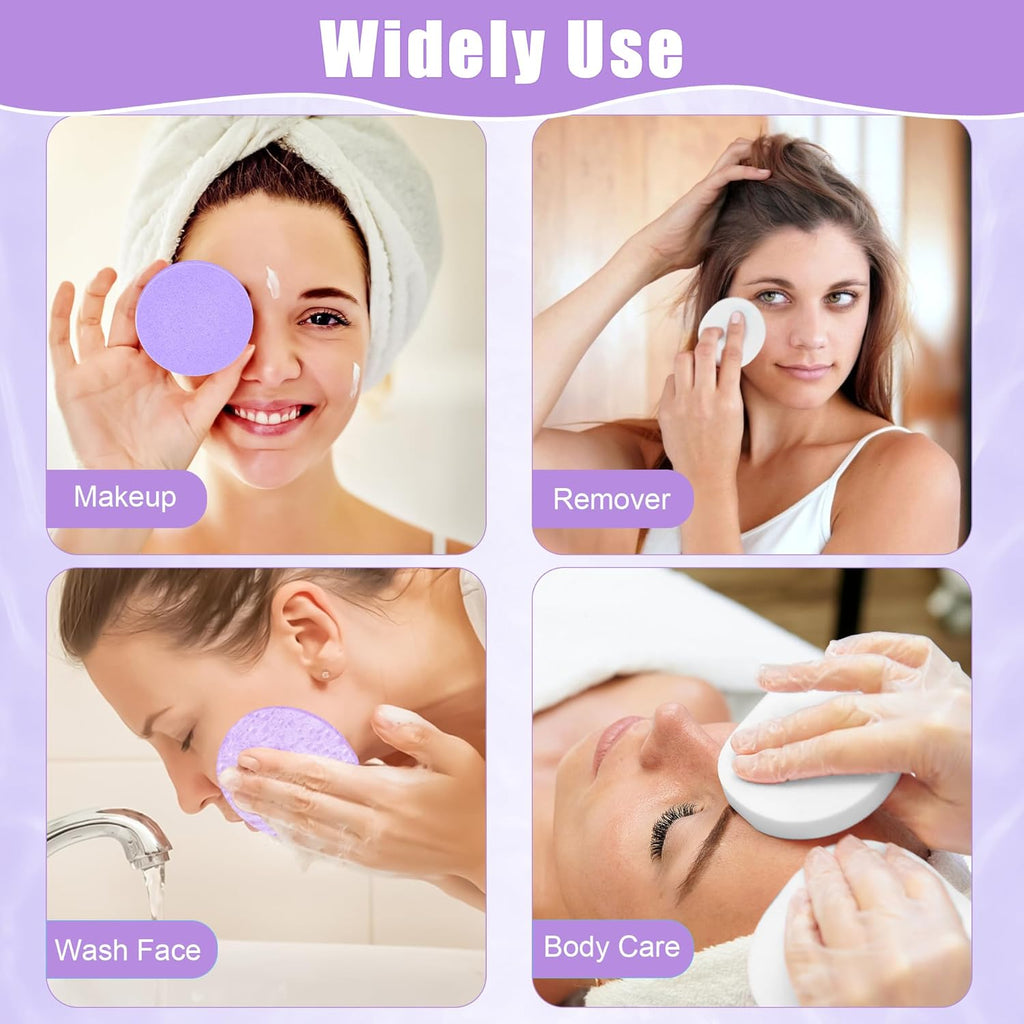 120 Pcs Facial Sponge Compressed, Luxiv Face Cleansing Sponge Estheticians Compressed Makeup Facial Sponge Round Wash Face Sponges for Women Compress Exfoliating Removal Sponge (White+Purple)