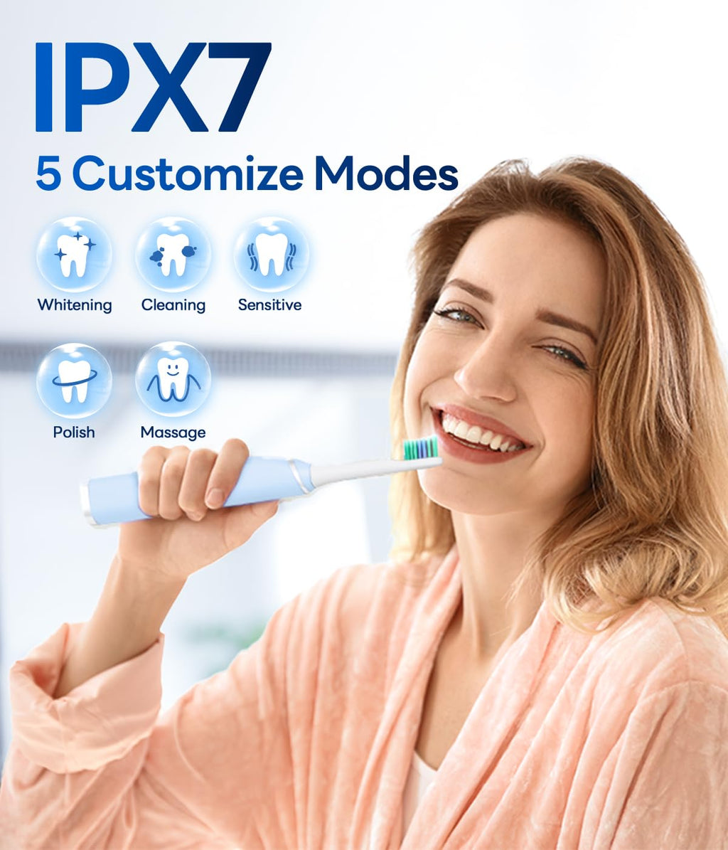 Bymore 8 Replacement Heads Electric Toothbrush for Adults, Ultra Clean Rechargeable Sonic Toothbrush Portable - Sky Blue