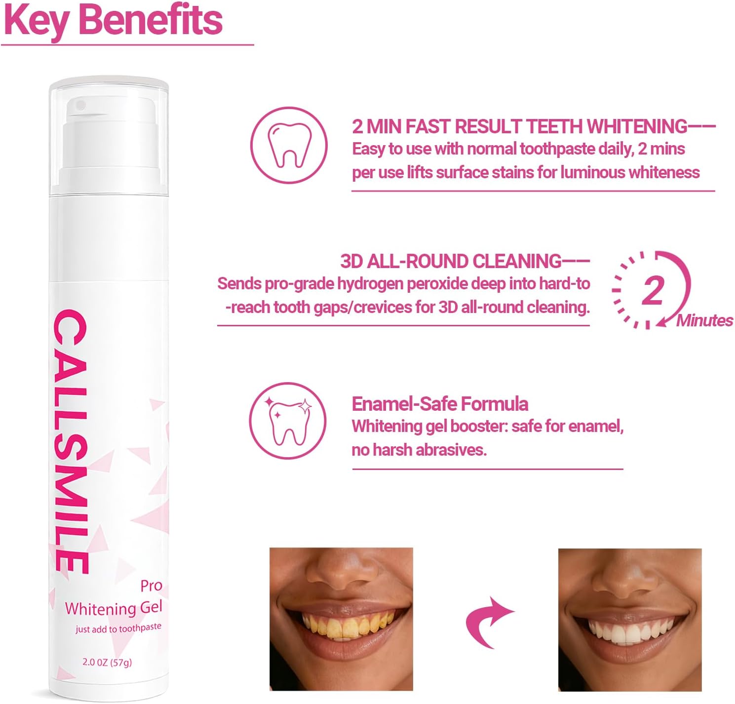 CALLSMILE Teeth Whitening Gel - Professional Strength Hydrogen Peroxide Formula, Tooth Stain Remover for White Teeth, Removes Tough Stains Coffee, Wine, Tea, Sensitive Teeth-Friendly, 2 oz Bottle