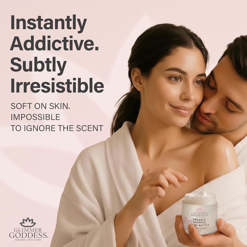 Glimmer Goddess Organic Whipped Body Butter for Women - Moisturizer Cream with Shea & Cocoa Butter, Almonds & Coconut Oil - Peppermint Vanilla, 8oz