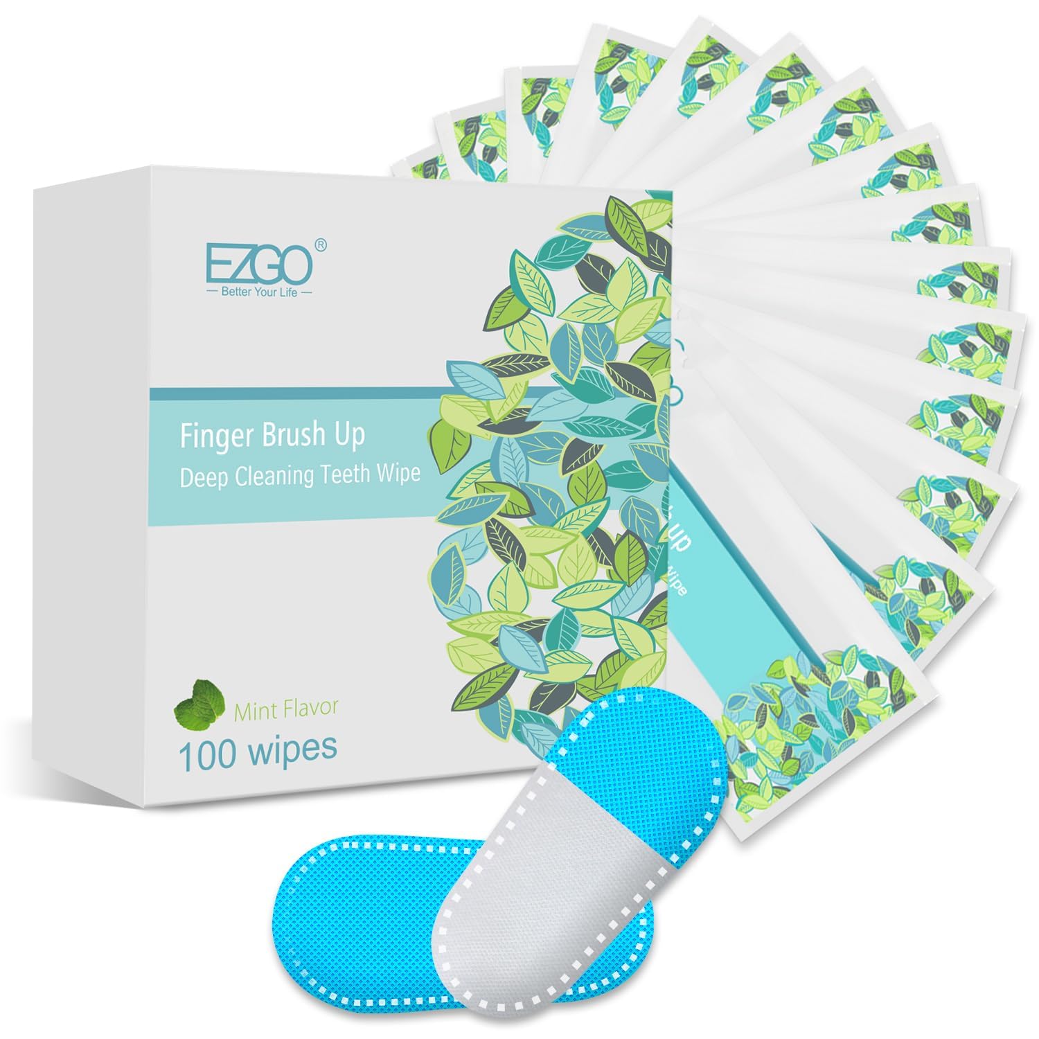 EZGO 100pcs Deep Cleaning Teeth Wipes Finger Brush Teeth Wipes Oral Brush Ups Latex Free Mint Flavor