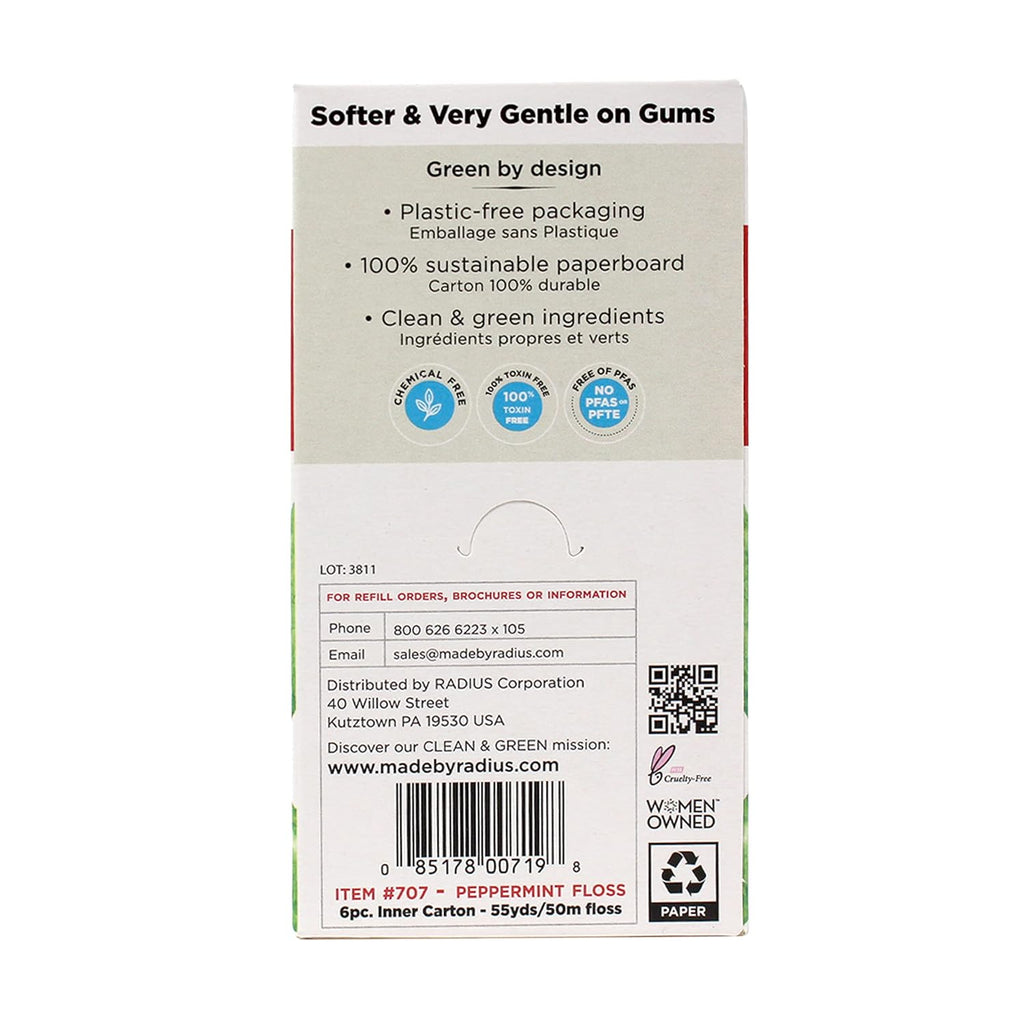 Radius Dental Floss, Sponge Floss, Peppermint, 55 Yards, Vegan & Non-Toxic Oral Care Designed to Help Fight Plaque, Pack of 3