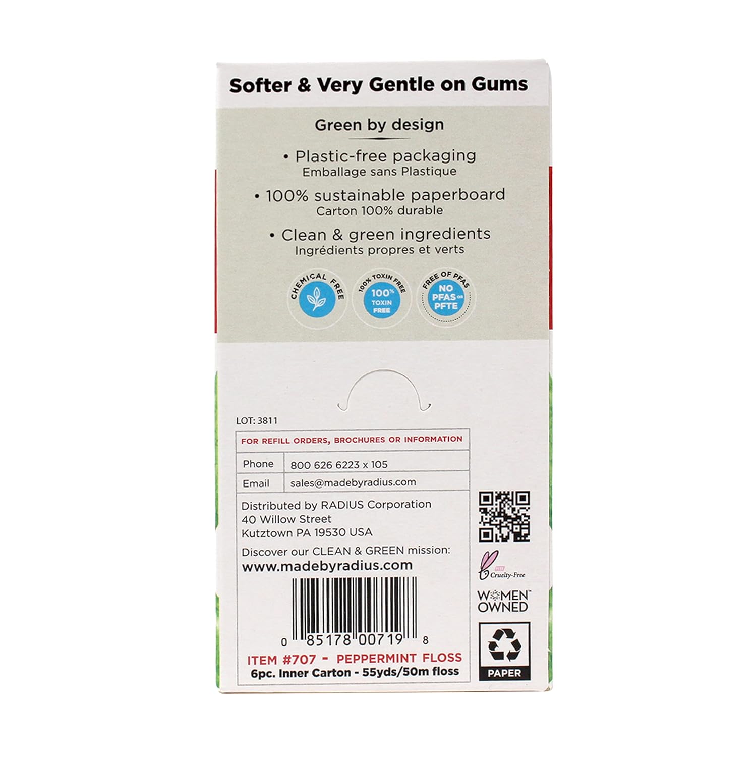 Radius Dental Floss, Sponge Floss, Peppermint, 55 Yards, Vegan & Non-Toxic Oral Care Designed to Help Fight Plaque, Pack of 3