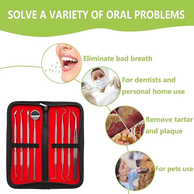 8 Pack Dental Tools PARYUNGR Teeth Cleaning Tool Kit, Stainless Steel Scraper Plaque Tartar Remover Tooth Cleaner Dental Floss Picks, Professional Oral Care Hygiene Set for Personal Pet Use with Case