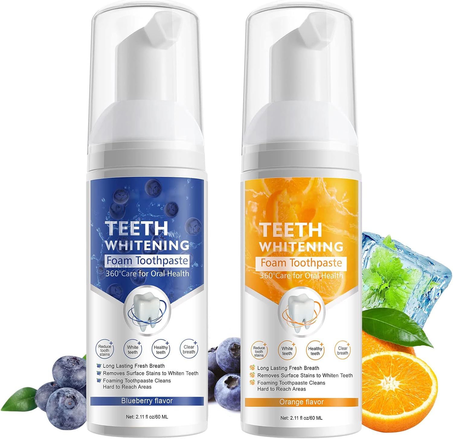 Teeth Whitening Toothpaste with Fluoride, Ultra-fine Mousse Foam for Deep Cleaning Gums, Stain Removal, 3 Fresh Flavors